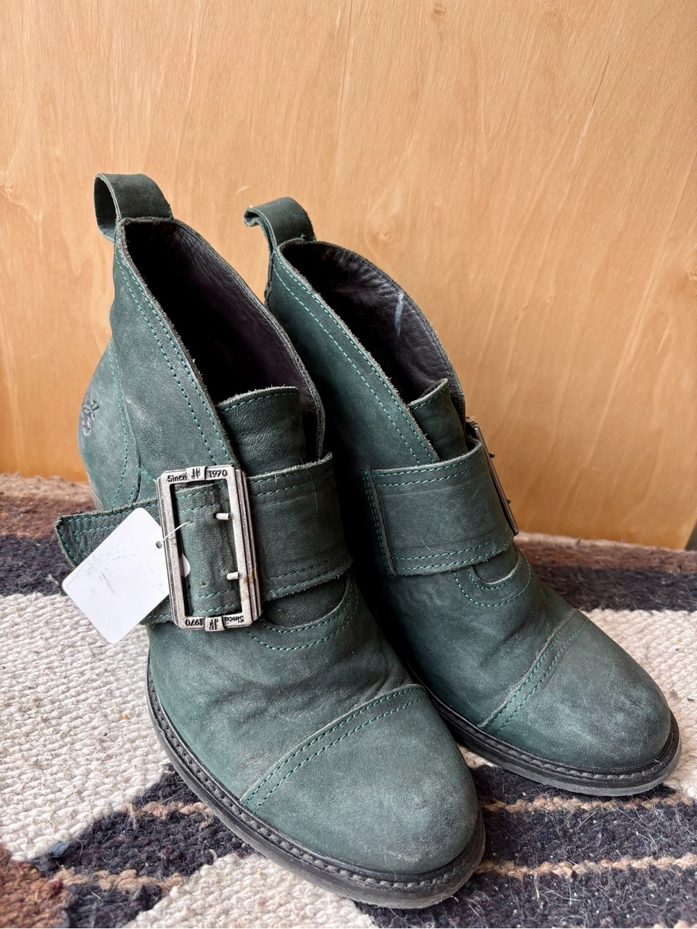 John Fluevog Dark Green Leather Ankle Booties with Buckle